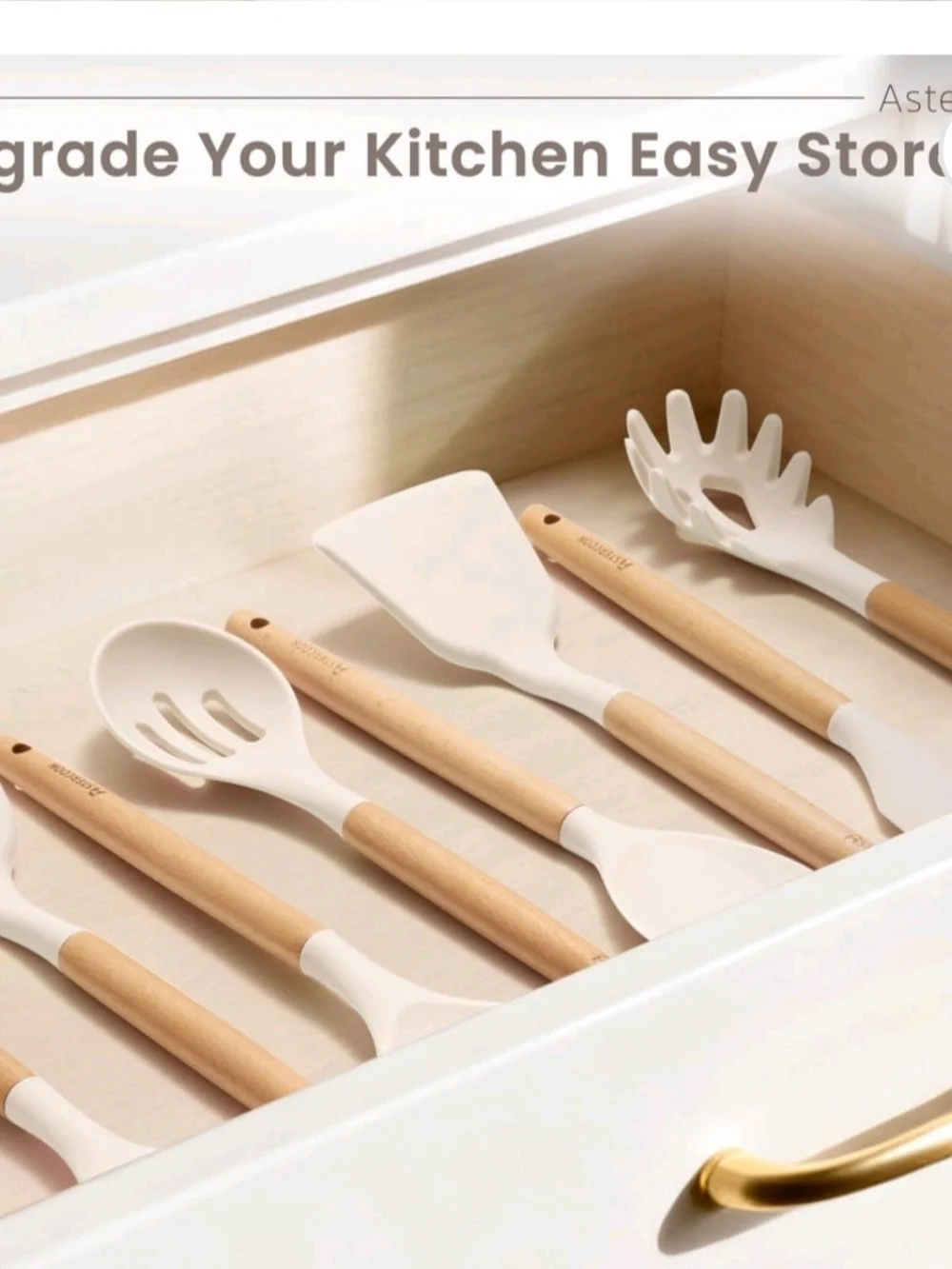 Astercook 38 Cream Kitchen Utensil Set with Wooden Handles